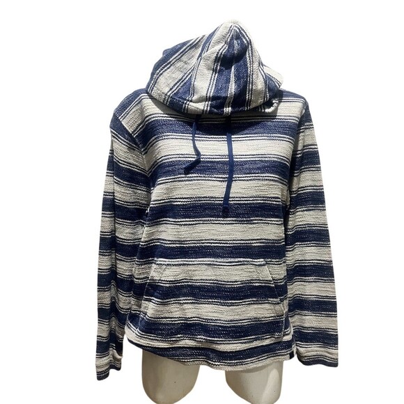 Lucky Brand Baja Hoodie Mens Size M Blue White Striped Pullover Kangaroo - Picture 6 of 8